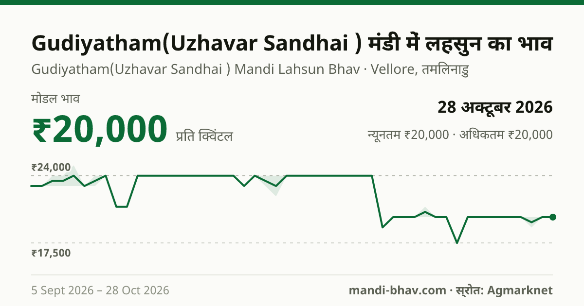 Gudiyatham(Uzhavar Sandhai ) मंडी में लहसुन का भाव 28 अक्टूबर 2026: मोडल ₹20,000 प्रति क्विंटल, भाव के रुझान का चार्ट