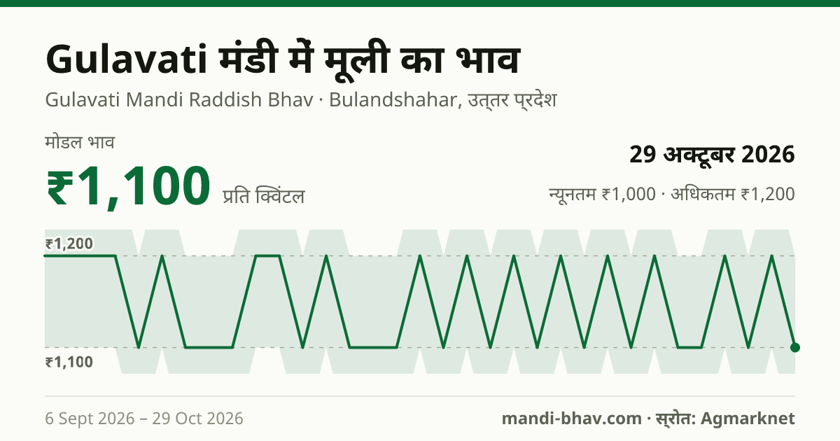 Gulavati मंडी में मूली का भाव 29 अक्टूबर 2026: मोडल ₹1,100 प्रति क्विंटल, भाव के रुझान का चार्ट