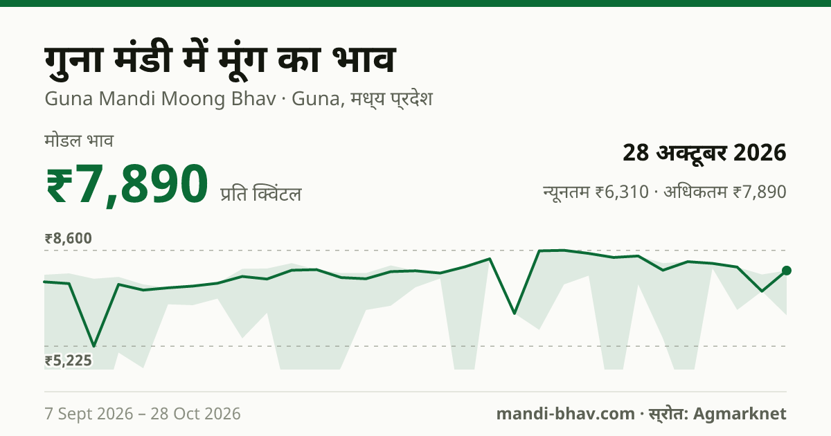 गुना मंडी में मूंग का भाव 28 अक्टूबर 2026: मोडल ₹7,890 प्रति क्विंटल, भाव के रुझान का चार्ट