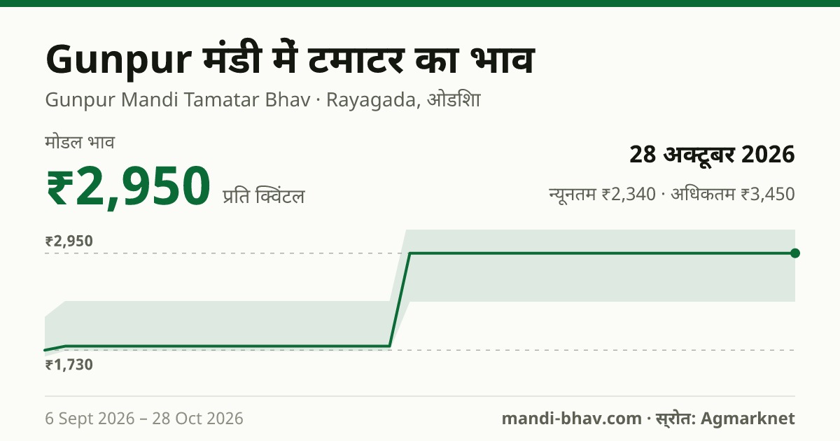 Gunpur मंडी में टमाटर का भाव 28 अक्टूबर 2026: मोडल ₹2,950 प्रति क्विंटल, भाव के रुझान का चार्ट
