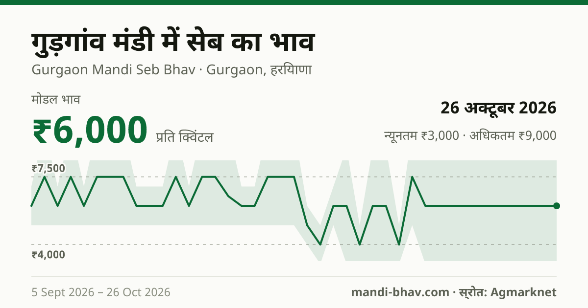 गुड़गांव मंडी में सेब का भाव 26 अक्टूबर 2026: मोडल ₹6,000 प्रति क्विंटल, भाव के रुझान का चार्ट