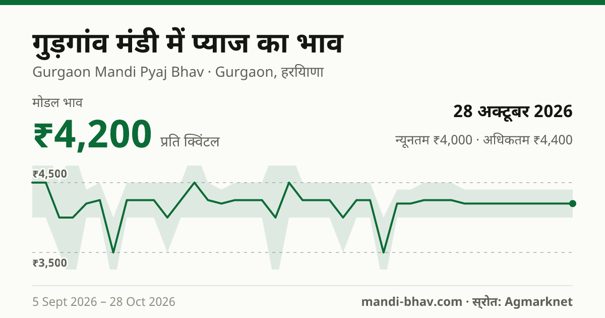 गुड़गांव मंडी में प्याज का भाव 28 अक्टूबर 2026: मोडल ₹4,200 प्रति क्विंटल, भाव के रुझान का चार्ट
