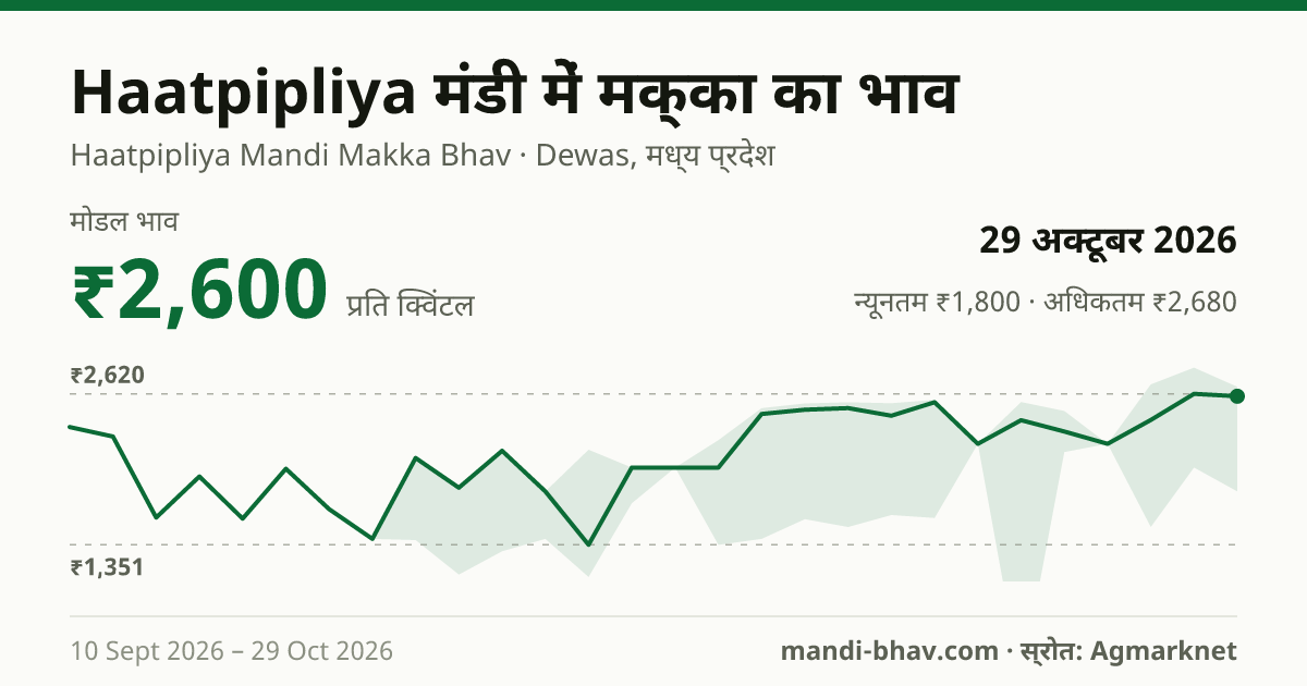 Haatpipliya मंडी में मक्का का भाव 29 अक्टूबर 2026: मोडल ₹2,600 प्रति क्विंटल, भाव के रुझान का चार्ट