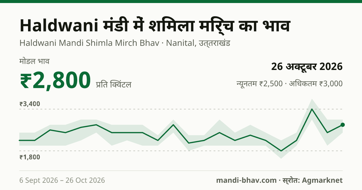Haldwani मंडी में शिमला मिर्च का भाव 26 अक्टूबर 2026: मोडल ₹2,800 प्रति क्विंटल, भाव के रुझान का चार्ट