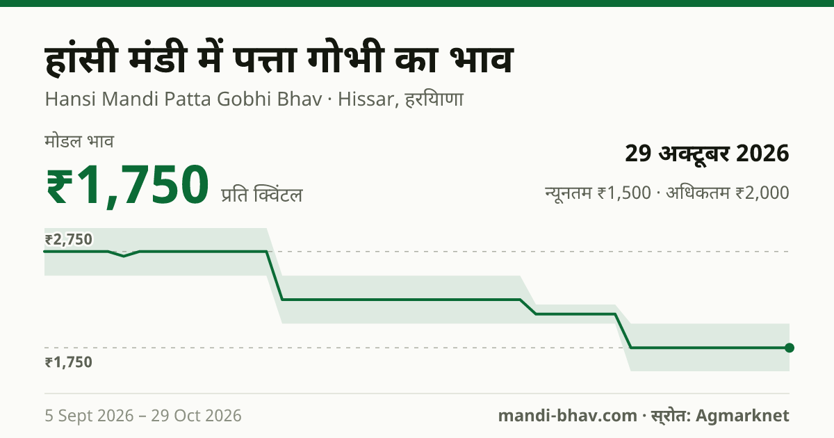 हांसी मंडी में पत्ता गोभी का भाव 29 अक्टूबर 2026: मोडल ₹1,750 प्रति क्विंटल, भाव के रुझान का चार्ट