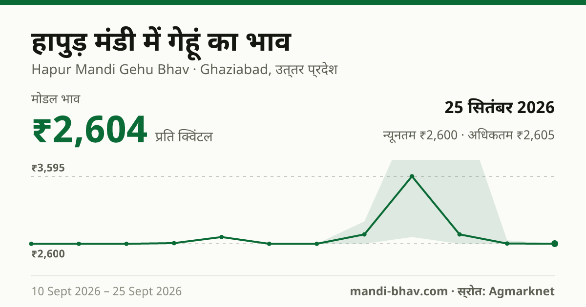 हापुड़ मंडी में गेहूं का भाव 25 सितंबर 2026: मोडल ₹2,604 प्रति क्विंटल, भाव के रुझान का चार्ट