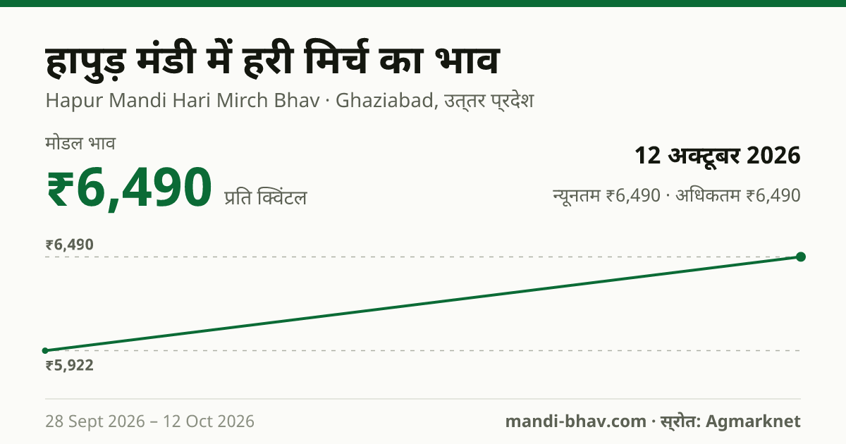 हापुड़ मंडी में हरी मिर्च का भाव 12 अक्टूबर 2026: मोडल ₹6,490 प्रति क्विंटल, भाव के रुझान का चार्ट