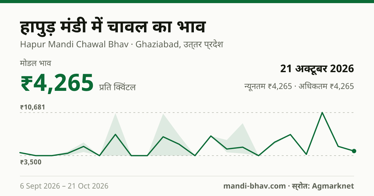 हापुड़ मंडी में चावल का भाव 21 अक्टूबर 2026: मोडल ₹4,265 प्रति क्विंटल, भाव के रुझान का चार्ट