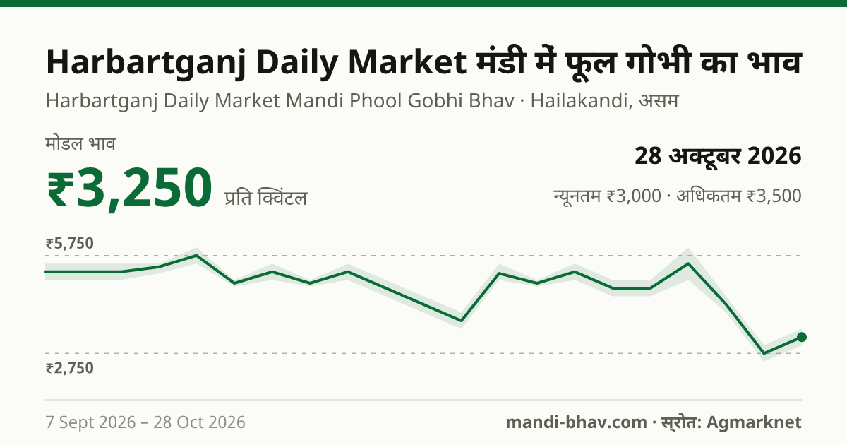 Harbartganj Daily Market मंडी में फूल गोभी का भाव 28 अक्टूबर 2026: मोडल ₹3,250 प्रति क्विंटल, भाव के रुझान का चार्ट