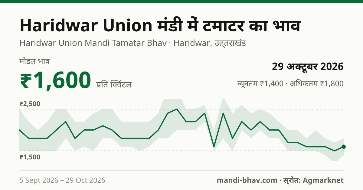Haridwar Union मंडी में टमाटर का भाव 29 अक्टूबर 2026: मोडल ₹1,600 प्रति क्विंटल, भाव के रुझान का चार्ट