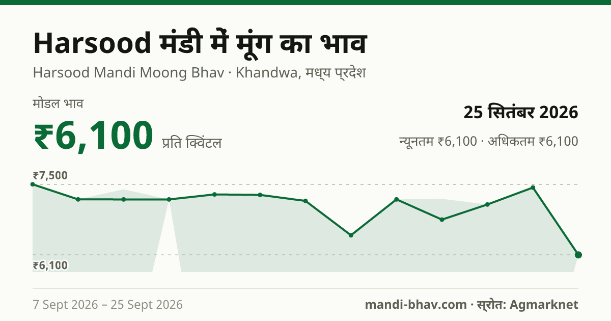 Harsood मंडी में मूंग का भाव 25 सितंबर 2026: मोडल ₹6,100 प्रति क्विंटल, भाव के रुझान का चार्ट