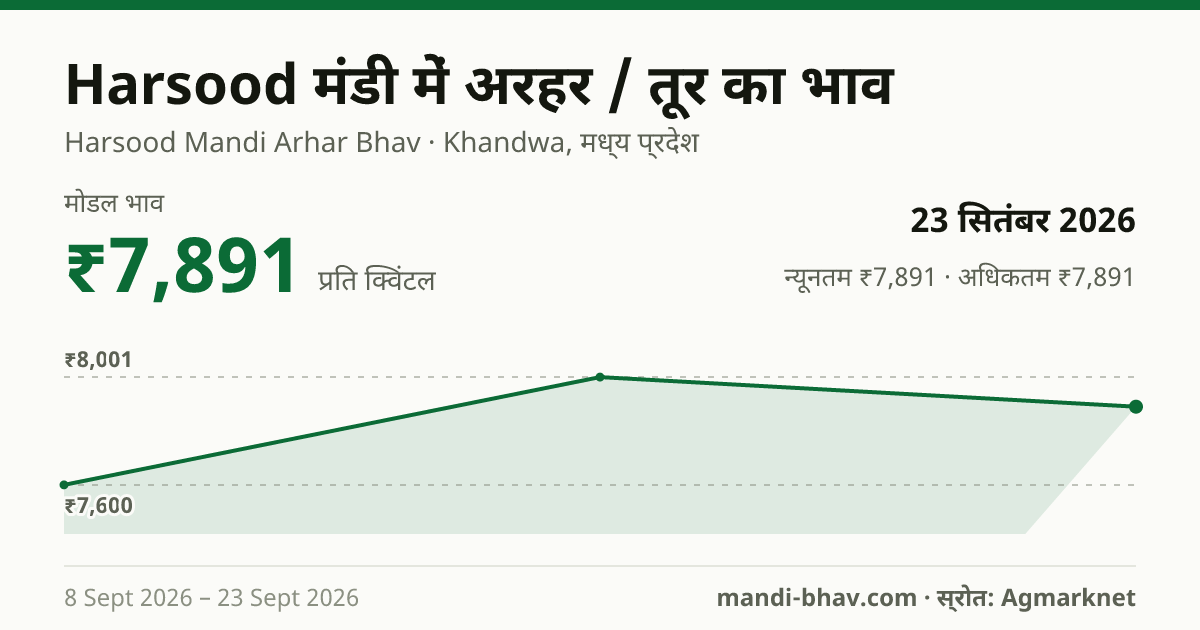 Harsood मंडी में अरहर / तूर का भाव 23 सितंबर 2026: मोडल ₹7,891 प्रति क्विंटल, भाव के रुझान का चार्ट