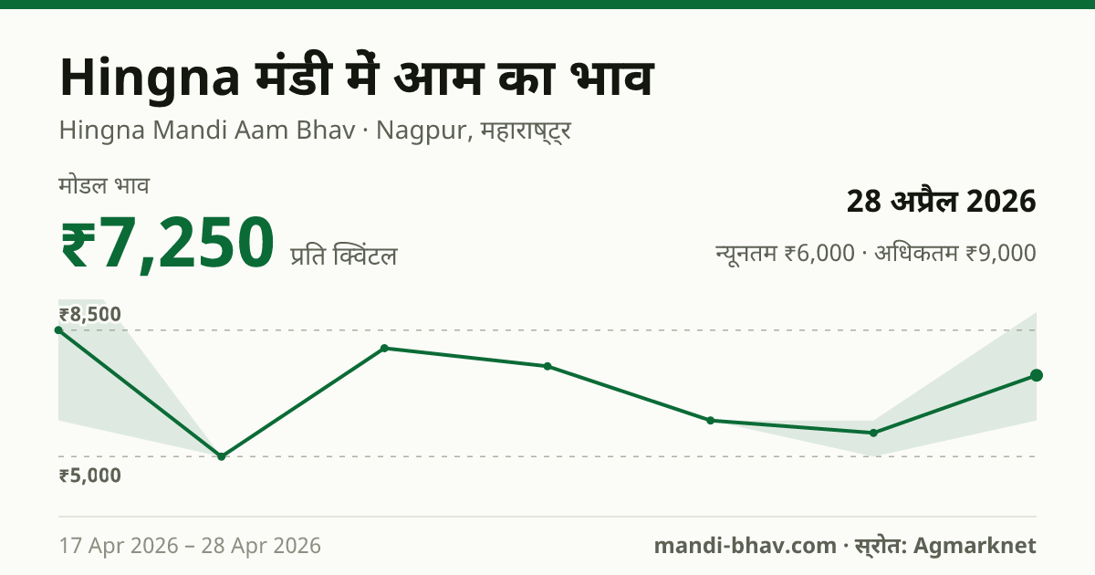Hingna मंडी में आम का भाव 28 अप्रैल 2026: मोडल ₹7,250 प्रति क्विंटल, भाव के रुझान का चार्ट
