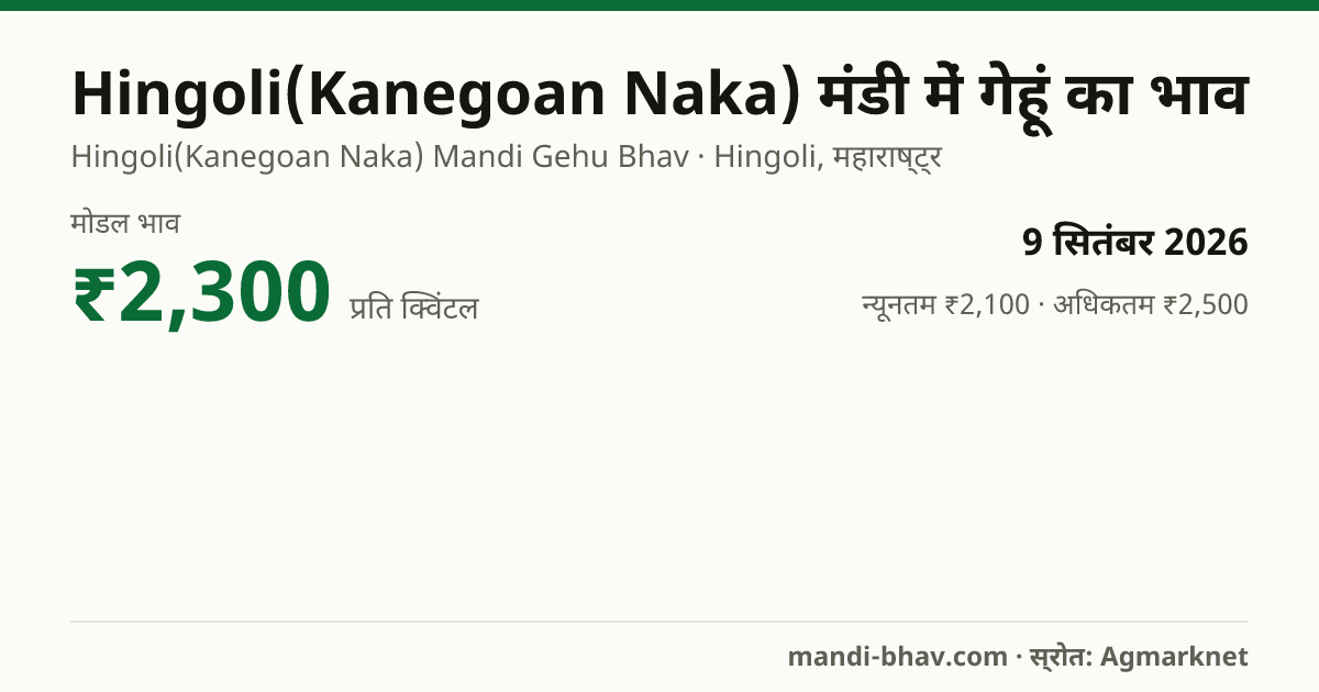 Hingoli(Kanegoan Naka) मंडी में गेहूं का भाव 9 सितंबर 2026: मोडल ₹2,300 प्रति क्विंटल, भाव के रुझान का चार्ट