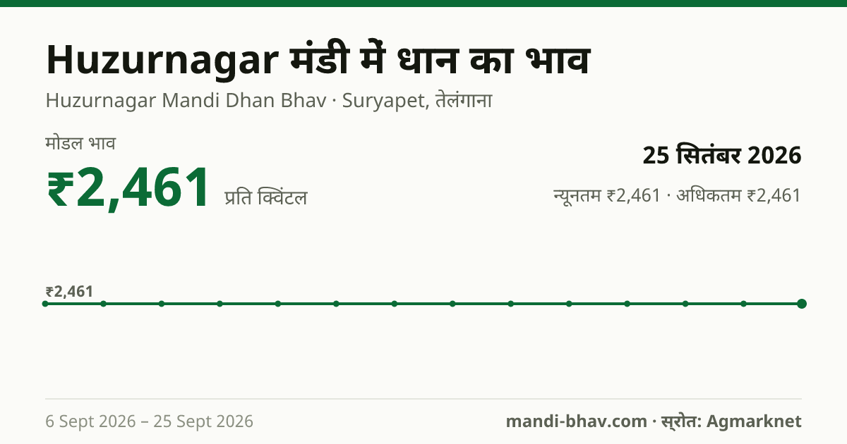 Huzurnagar मंडी में धान का भाव 25 सितंबर 2026: मोडल ₹2,461 प्रति क्विंटल, भाव के रुझान का चार्ट