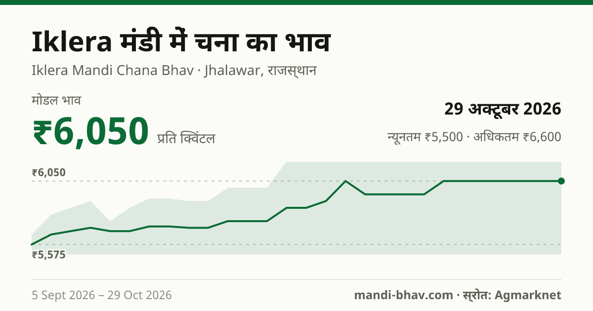 Iklera मंडी में चना का भाव 29 अक्टूबर 2026: मोडल ₹6,050 प्रति क्विंटल, भाव के रुझान का चार्ट