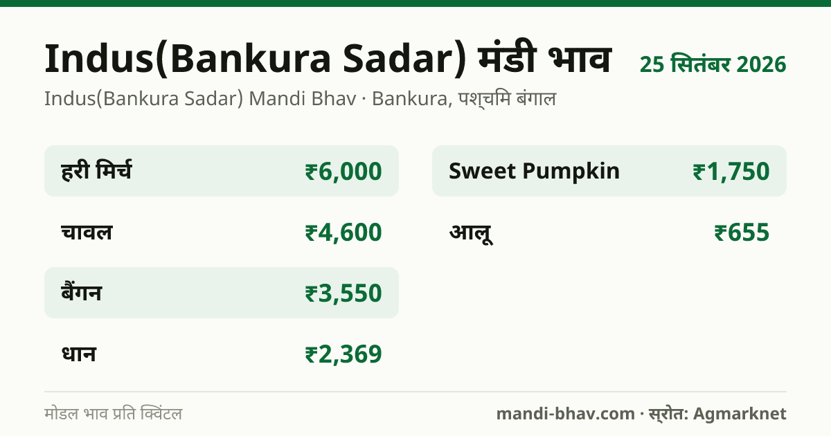 Indus(Bankura Sadar) मंडी भाव 25 सितंबर 2026: फसलवार मोडल रेट प्रति क्विंटल