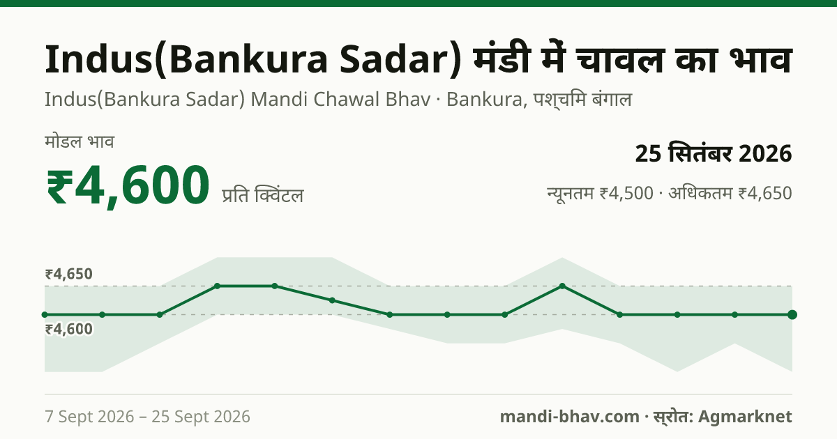 Indus(Bankura Sadar) मंडी में चावल का भाव 25 सितंबर 2026: मोडल ₹4,600 प्रति क्विंटल, भाव के रुझान का चार्ट