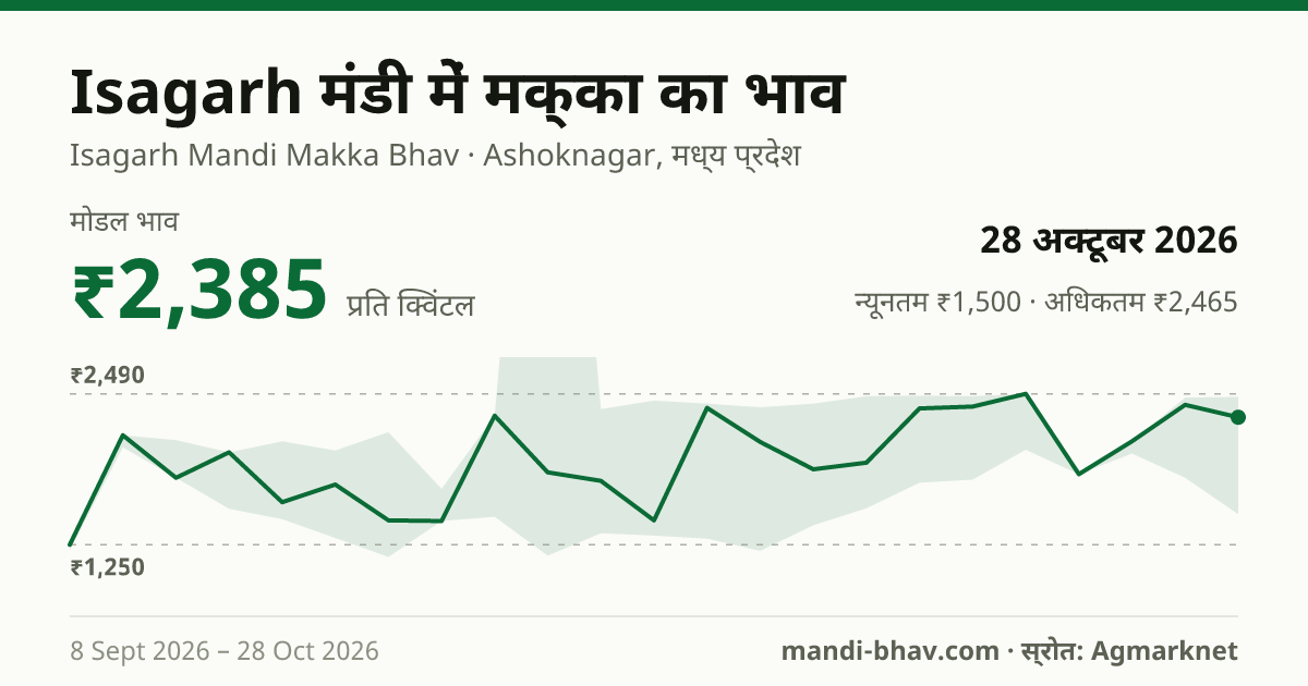 Isagarh मंडी में मक्का का भाव 28 अक्टूबर 2026: मोडल ₹2,385 प्रति क्विंटल, भाव के रुझान का चार्ट