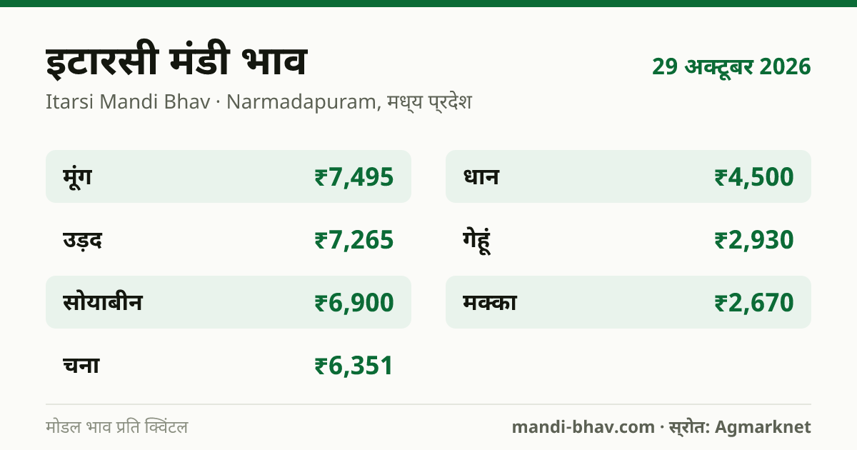 इटारसी मंडी भाव 29 अक्टूबर 2026: फसलवार मोडल रेट प्रति क्विंटल