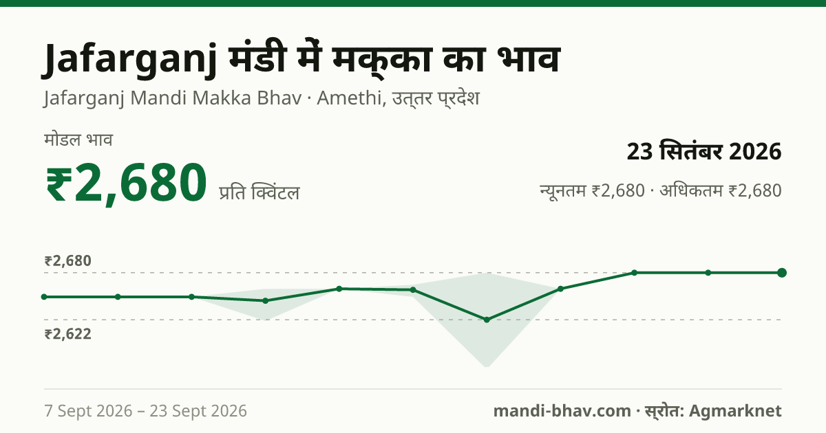 Jafarganj मंडी में मक्का का भाव 23 सितंबर 2026: मोडल ₹2,680 प्रति क्विंटल, भाव के रुझान का चार्ट