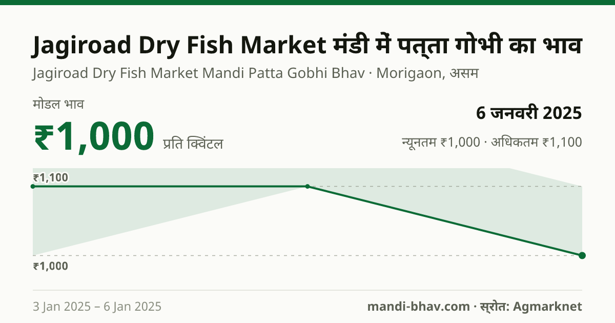 Jagiroad Dry Fish Market मंडी में पत्ता गोभी का भाव 6 जनवरी 2025: मोडल ₹1,000 प्रति क्विंटल, भाव के रुझान का चार्ट