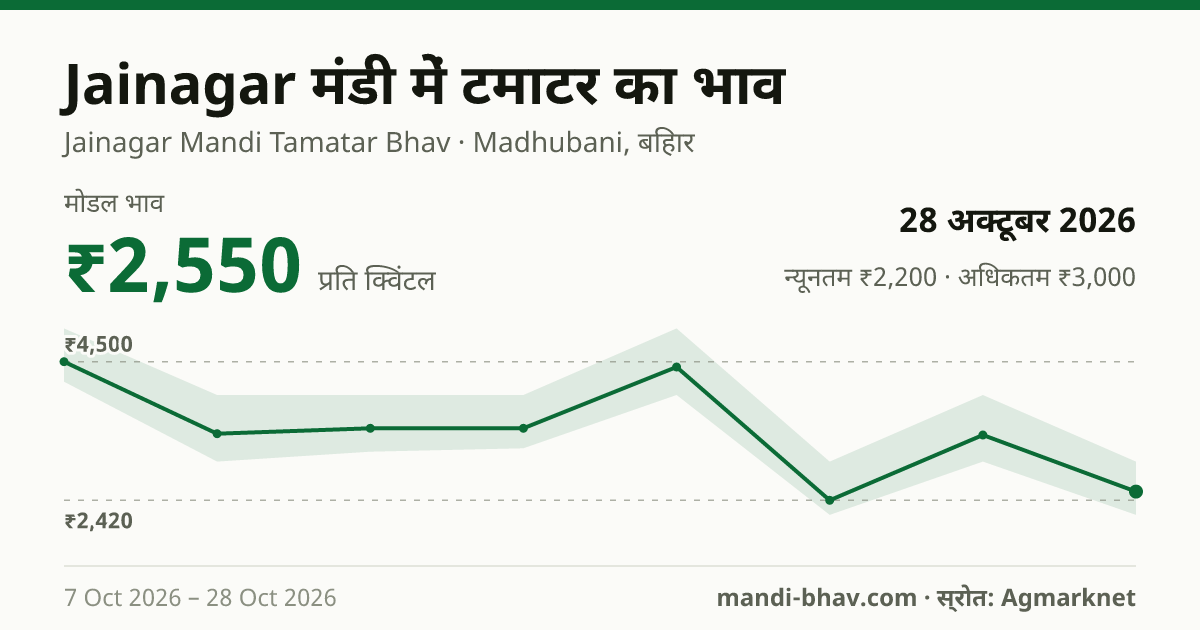 Jainagar मंडी में टमाटर का भाव 28 अक्टूबर 2026: मोडल ₹2,550 प्रति क्विंटल, भाव के रुझान का चार्ट