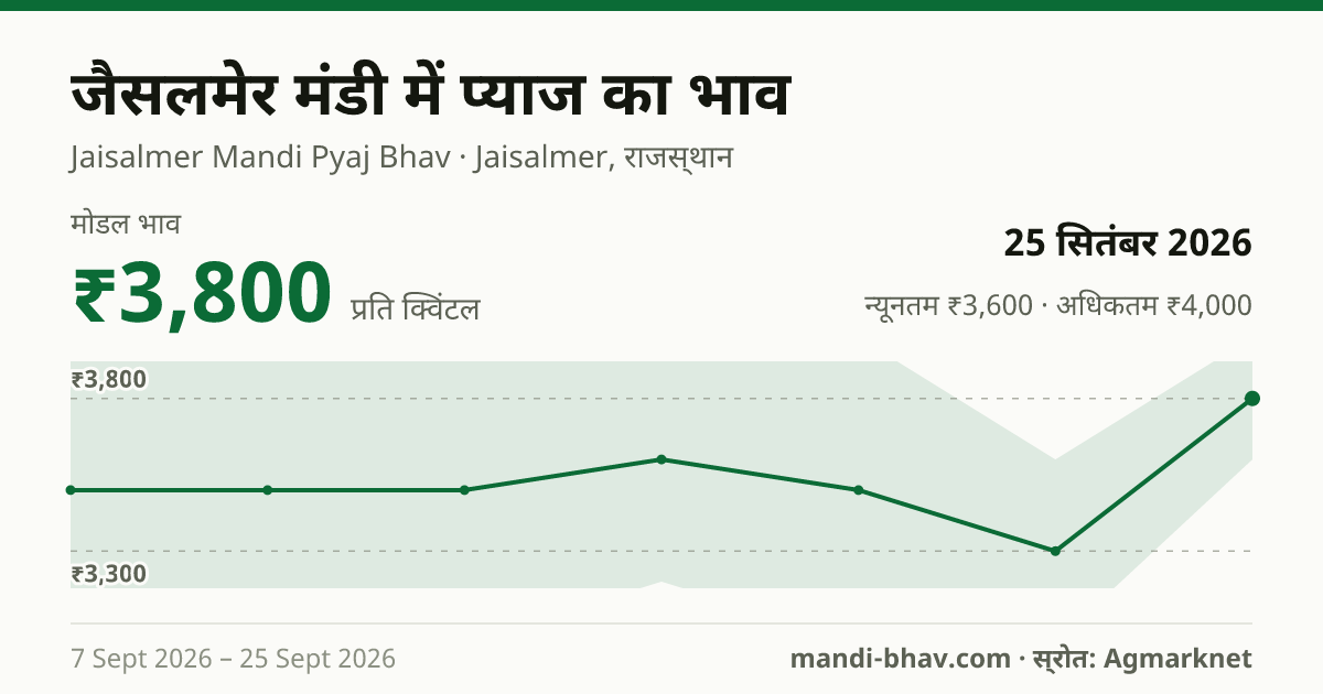 जैसलमेर मंडी में प्याज का भाव 25 सितंबर 2026: मोडल ₹3,800 प्रति क्विंटल, भाव के रुझान का चार्ट