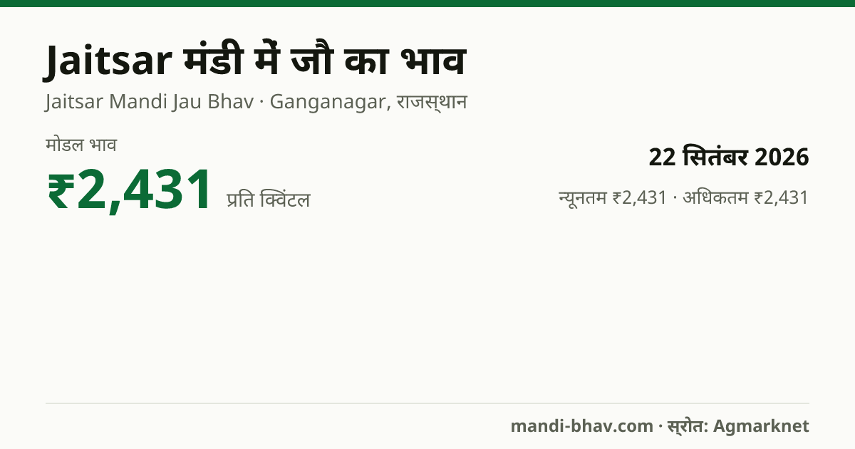 Jaitsar मंडी में जौ का भाव 22 सितंबर 2026: मोडल ₹2,431 प्रति क्विंटल, भाव के रुझान का चार्ट
