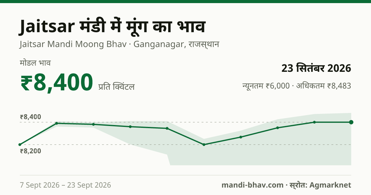 Jaitsar मंडी में मूंग का भाव 23 सितंबर 2026: मोडल ₹8,400 प्रति क्विंटल, भाव के रुझान का चार्ट