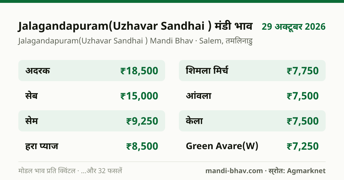 Jalagandapuram(Uzhavar Sandhai ) मंडी भाव 29 अक्टूबर 2026: फसलवार मोडल रेट प्रति क्विंटल