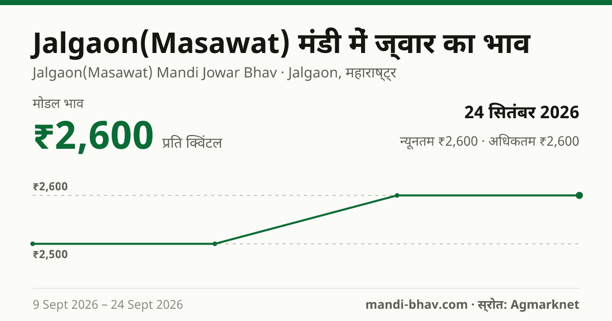 Jalgaon(Masawat) मंडी में ज्वार का भाव 24 सितंबर 2026: मोडल ₹2,600 प्रति क्विंटल, भाव के रुझान का चार्ट