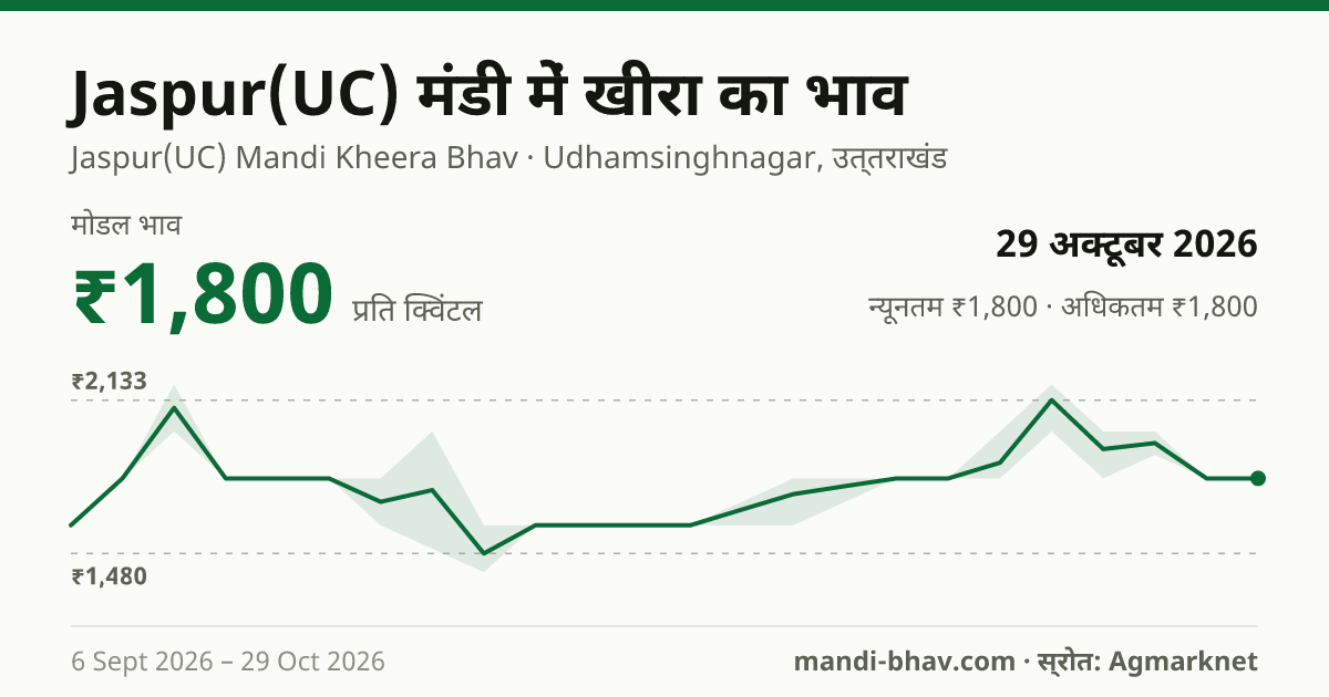 Jaspur(UC) मंडी में खीरा का भाव 29 अक्टूबर 2026: मोडल ₹1,800 प्रति क्विंटल, भाव के रुझान का चार्ट