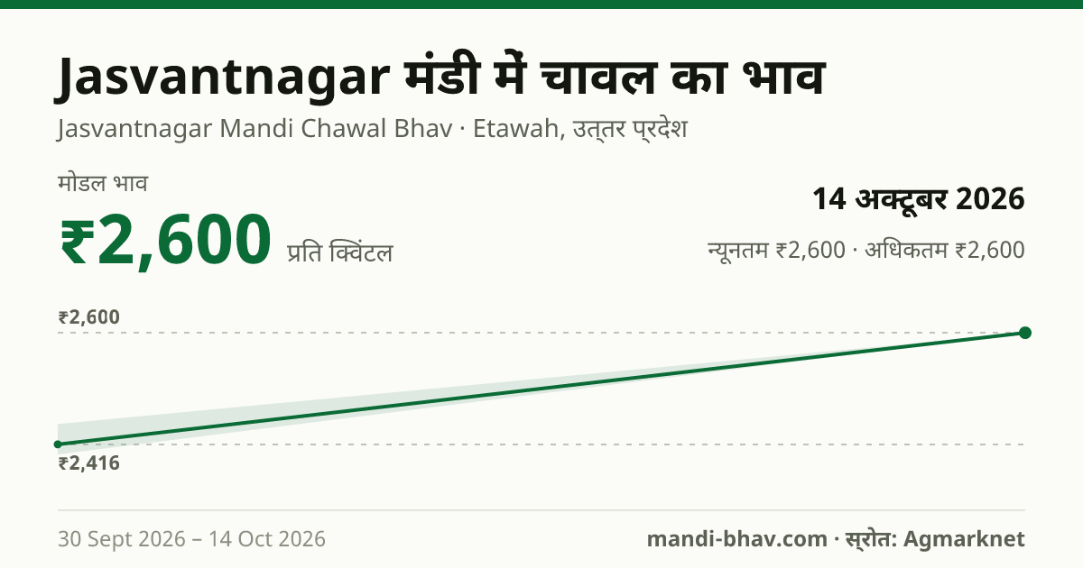 Jasvantnagar मंडी में चावल का भाव 14 अक्टूबर 2026: मोडल ₹2,600 प्रति क्विंटल, भाव के रुझान का चार्ट