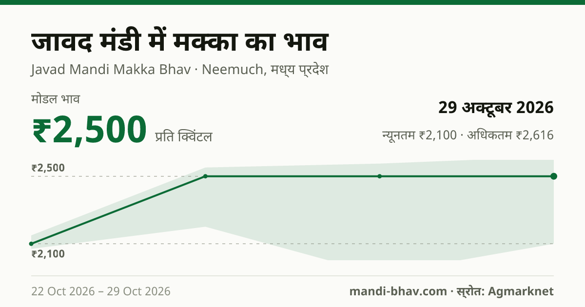 जावद मंडी में मक्का का भाव 29 अक्टूबर 2026: मोडल ₹2,550 प्रति क्विंटल, भाव के रुझान का चार्ट