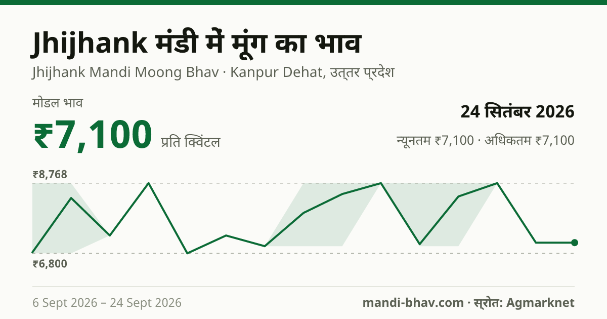 Jhijhank मंडी में मूंग का भाव 24 सितंबर 2026: मोडल ₹7,100 प्रति क्विंटल, भाव के रुझान का चार्ट