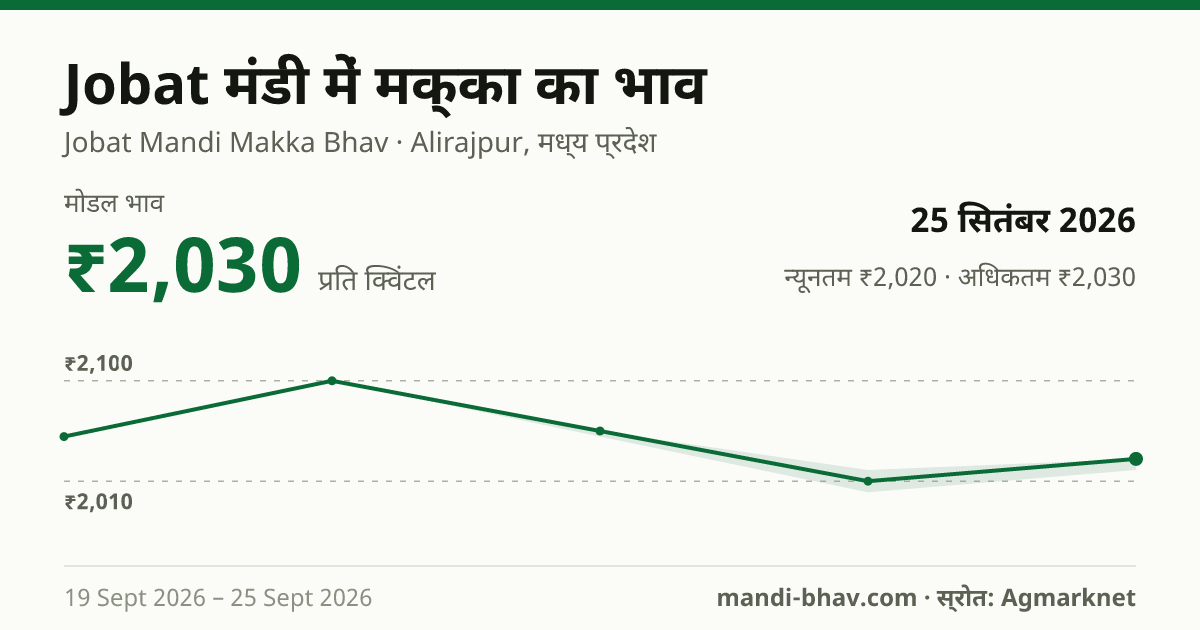 Jobat मंडी में मक्का का भाव 25 सितंबर 2026: मोडल ₹2,030 प्रति क्विंटल, भाव के रुझान का चार्ट