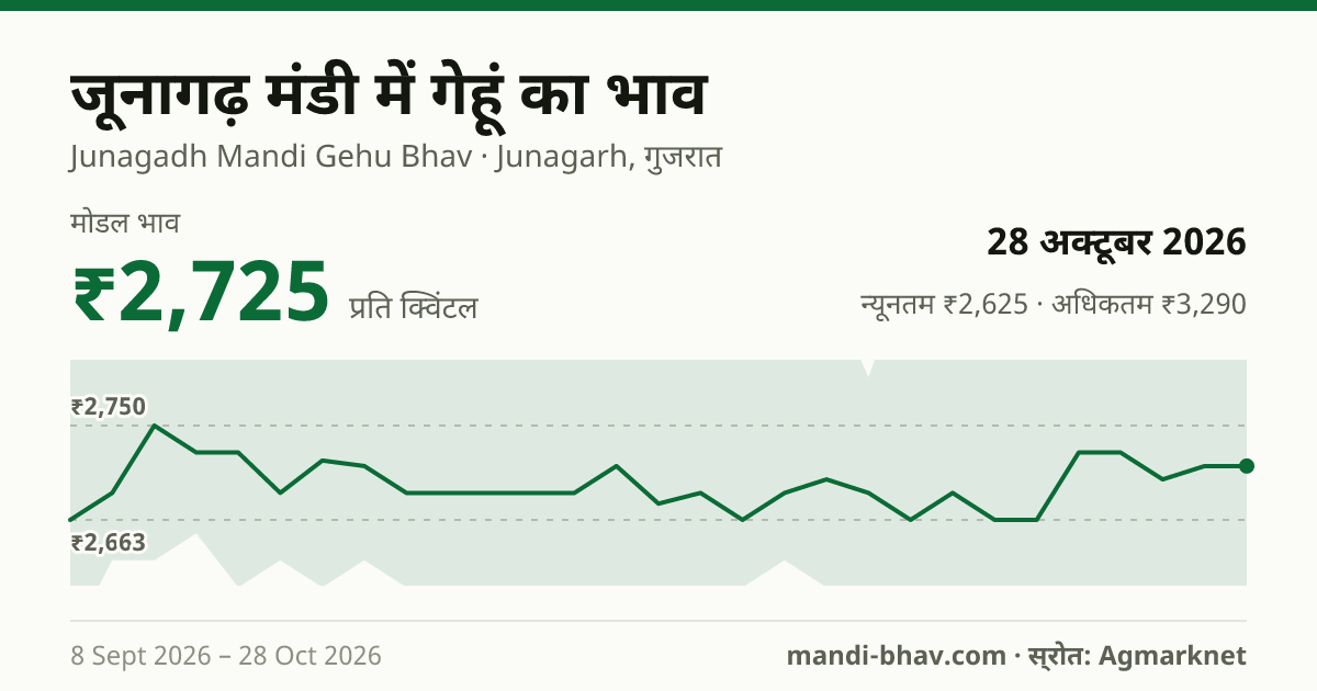 जूनागढ़ मंडी में गेहूं का भाव 28 अक्टूबर 2026: मोडल ₹2,725 प्रति क्विंटल, भाव के रुझान का चार्ट