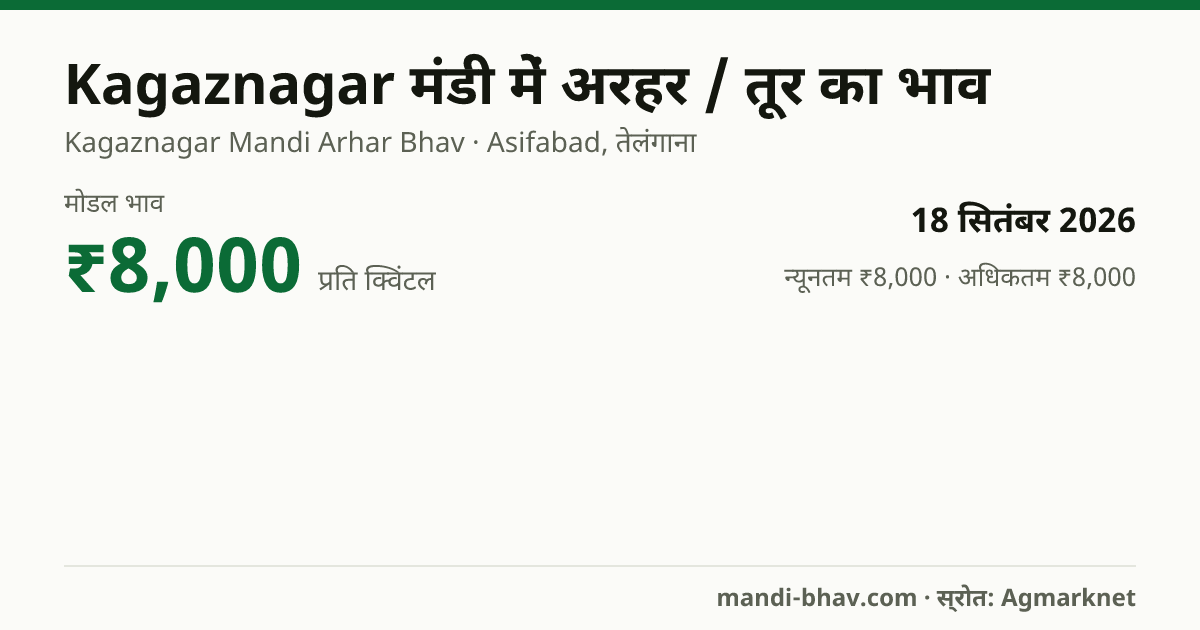 Kagaznagar मंडी में अरहर / तूर का भाव 18 सितंबर 2026: मोडल ₹8,000 प्रति क्विंटल, भाव के रुझान का चार्ट