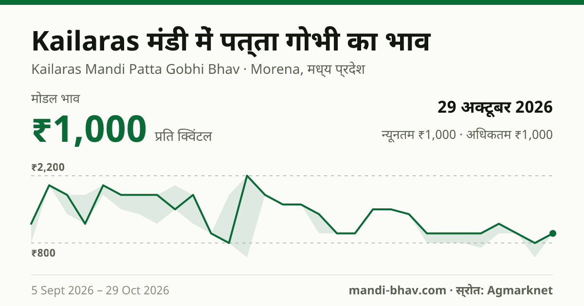 Kailaras मंडी में पत्ता गोभी का भाव 29 अक्टूबर 2026: मोडल ₹1,000 प्रति क्विंटल, भाव के रुझान का चार्ट
