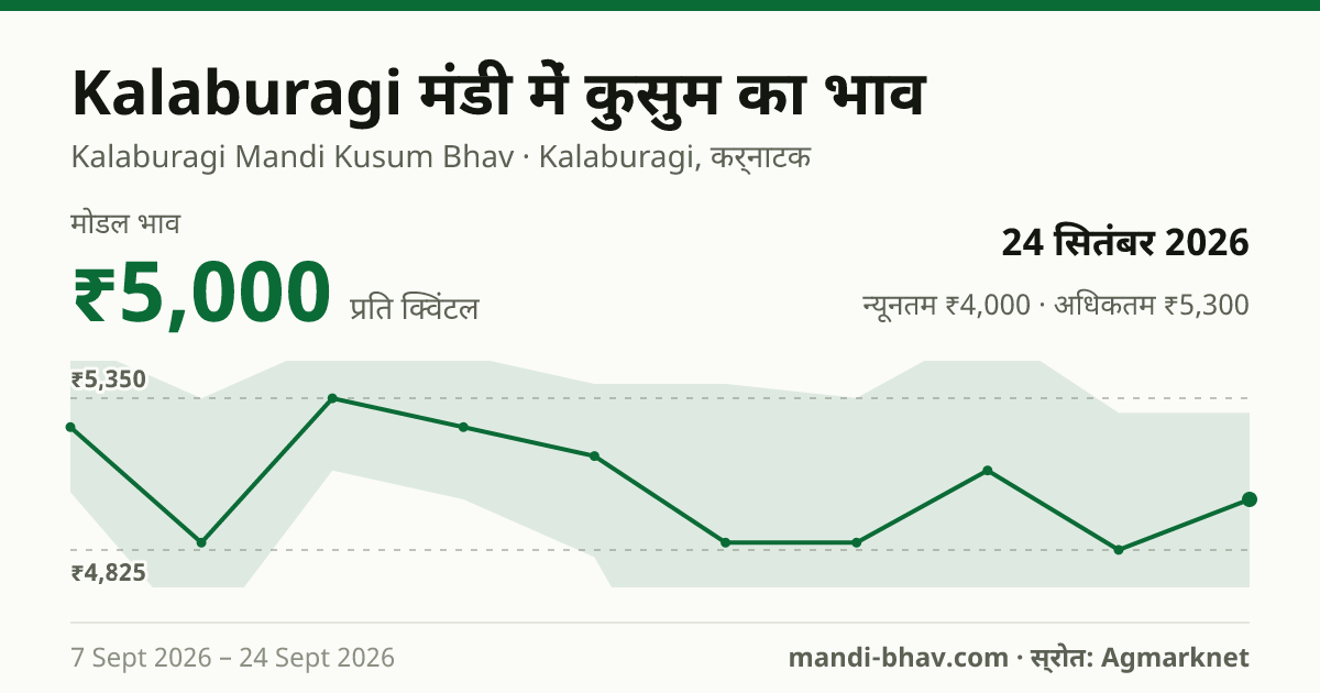 Kalaburagi मंडी में कुसुम का भाव 24 सितंबर 2026: मोडल ₹5,000 प्रति क्विंटल, भाव के रुझान का चार्ट