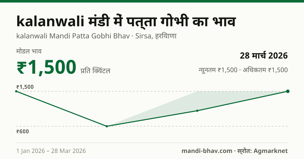 kalanwali मंडी में पत्ता गोभी का भाव 28 मार्च 2026: मोडल ₹1,500 प्रति क्विंटल, भाव के रुझान का चार्ट