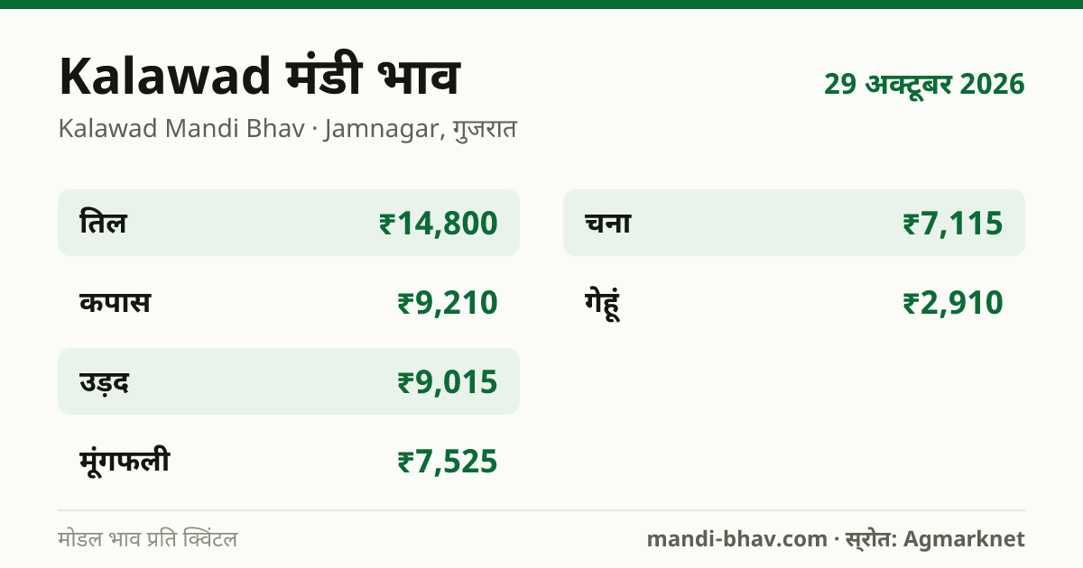 Kalawad मंडी भाव 29 अक्टूबर 2026: फसलवार मोडल रेट प्रति क्विंटल
