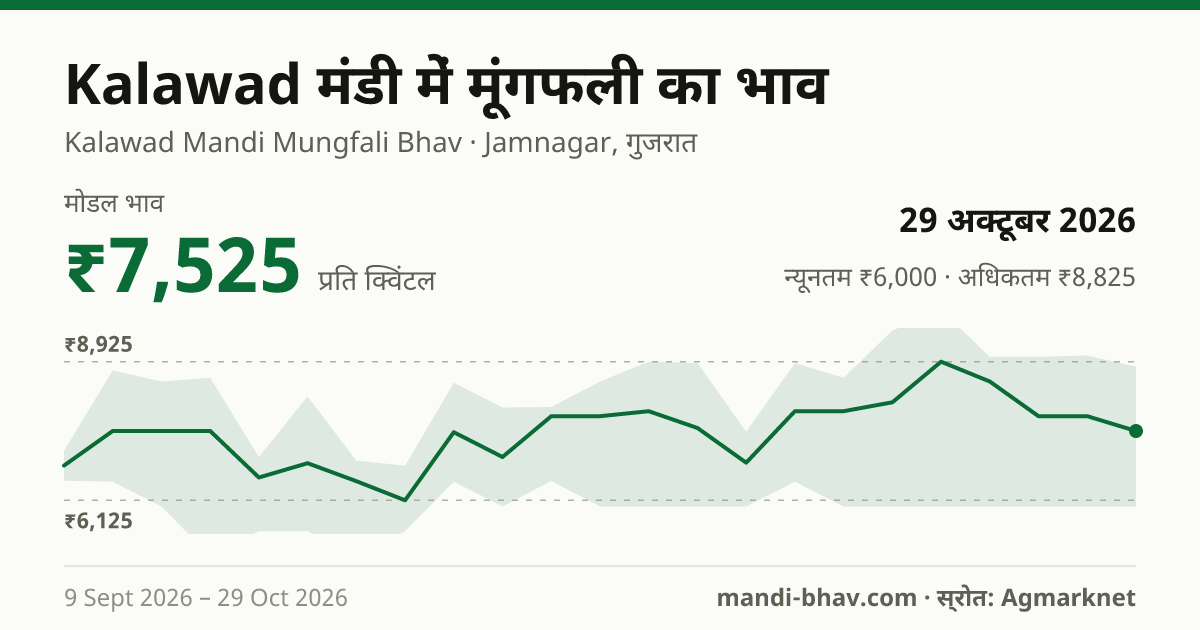 Kalawad मंडी में मूंगफली का भाव 29 अक्टूबर 2026: मोडल ₹7,525 प्रति क्विंटल, भाव के रुझान का चार्ट