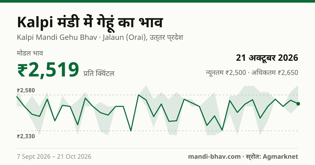 Kalpi मंडी में गेहूं का भाव 21 अक्टूबर 2026: मोडल ₹2,519 प्रति क्विंटल, भाव के रुझान का चार्ट