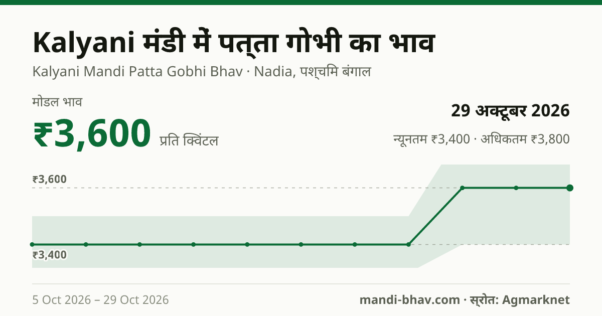 Kalyani मंडी में पत्ता गोभी का भाव 29 अक्टूबर 2026: मोडल ₹3,600 प्रति क्विंटल, भाव के रुझान का चार्ट