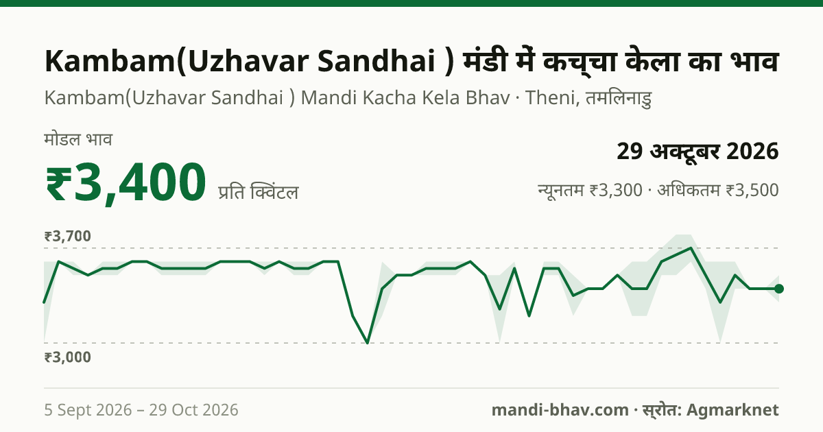 Kambam(Uzhavar Sandhai ) मंडी में कच्चा केला का भाव 29 अक्टूबर 2026: मोडल ₹3,400 प्रति क्विंटल, भाव के रुझान का चार्ट