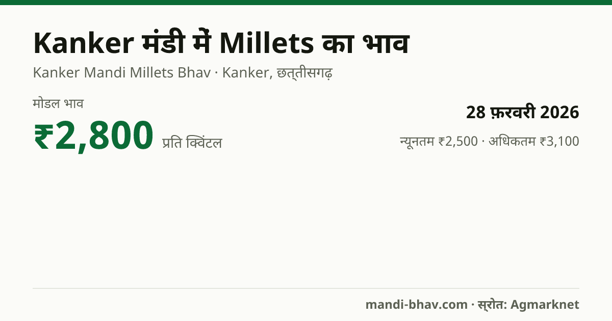 Kanker मंडी में Millets का भाव 28 फ़रवरी 2026: मोडल ₹2,800 प्रति क्विंटल, भाव के रुझान का चार्ट