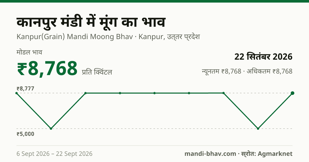 कानपुर मंडी में मूंग का भाव 22 सितंबर 2026: मोडल ₹8,768 प्रति क्विंटल, भाव के रुझान का चार्ट