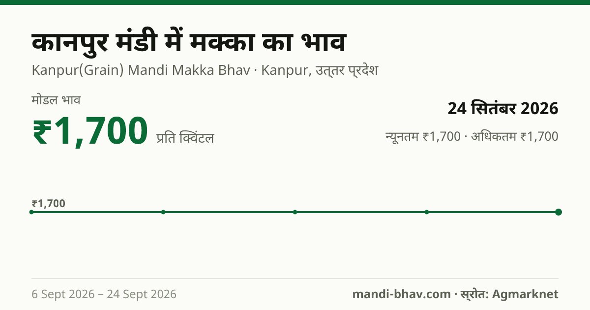 कानपुर मंडी में मक्का का भाव 24 सितंबर 2026: मोडल ₹1,700 प्रति क्विंटल, भाव के रुझान का चार्ट